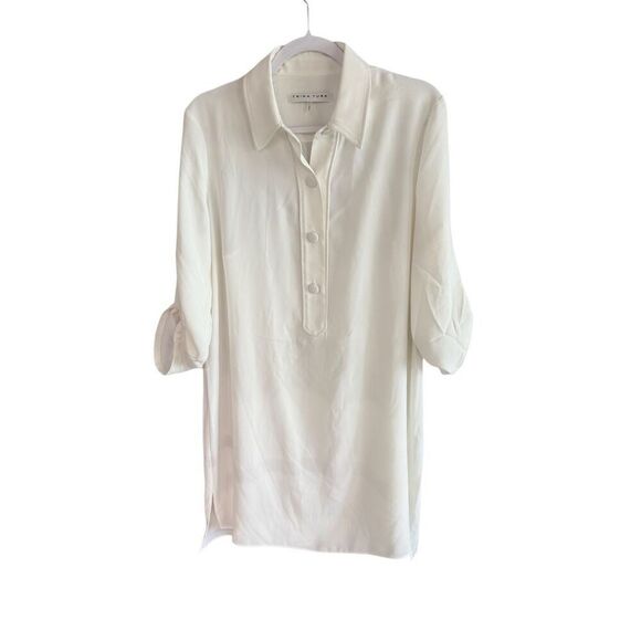 Trina Turk Womens White Built In Tank Top Roll Tab Button-Up Tunic Top Large - Picture 1 of 16